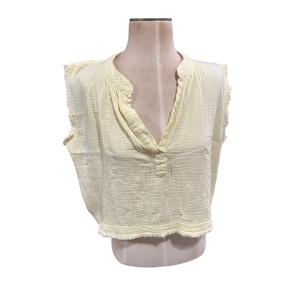 Karlie Womens Pale Yellow Cotton Gauze Cropped Split Neck Top K2100-685LTH-C M